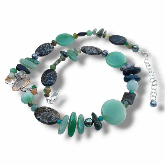 Multi Gemstone Necklace Green Aventurine Agate Pearl 18.5in Custom OOAK - Picture 4 of 11